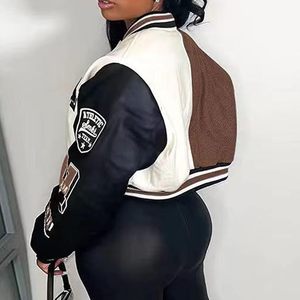 <b>Women</b> Varsity Jacket Embroidered Letter Patch Design Brown White <b>Black</b> Full Sleeve Turn-down Collar Autumn Casual Wear - Product Image 3