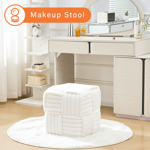 Pouf quadrato bianco e sedia da toeletta in velluto a coste con poggiapiedi imbottito intrecciato per ingresso o soggiorno - Product Image 5