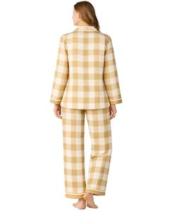 Custom Beige <b>Check</b> Women <b>Pajama</b> Set Long Sleeve Button Down Nightwear Soft Cotton Two Piece Sleepwear Comfortable Lounge Set - Product Image 2