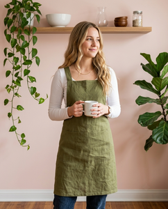 Army Green Linen High Quality Reusable Bib <b>Apron</b> Adjustable Sleeveless <b>Cooking</b> Gardening <b>Apron</b> with Pockets <b>for</b> Kitchen Use - Product Image 3