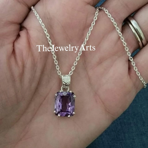 Collier pendentif en alexandrite cultivée en laboratoire à couleur changeante pour femme, pierre précieuse taille coussin, argent sterling, bijou pierre de naissance de juin - Product Image 5