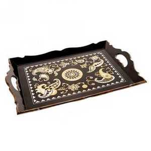 Premium Rectangle <b>Black</b> Paisley Pattern <b>Serving</b> <b>Tray</b> with Cutout Handles Luxury Melamine Coffee Table Vanity Storage Platter - Product Image 1