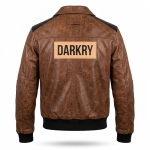 Veste en cuir véritable marron vieilli pour homme, avec empiècements contrastants noirs, poches à rabat, col rabattable, fermeture éclair, style motard vintage - Product Image 2