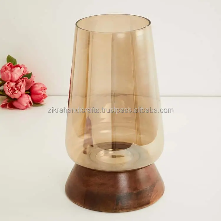 Linterna de vela de vidrio cónico, Base de madera decorativa, tema de diseño alto, para el hogar Decoración de mesa, tamaño barato