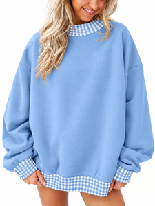 Casual Mockneck <b>Top</b> Gingham Trim Sweatshirt <b>Long</b> <b>Sleeve</b> Pullover Design Loose Comfortable Fit Everyday Fashion Clothing - Product Image 1
