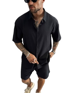 Camisa Oxford para Hombre, Transpirable, de Manga Corta, Cuello Mao, Corte Holgado, Color Sólido, Estilo Vintage, Casual de Negocios - Product Image 4