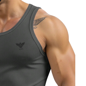 Men's Ribbed Cotton Quick Dry Breathable Muscle Fit <b>Workout</b> <b>Tank</b> <b>Top</b> 180g O-Neck Silk Screen Printed Streetwear Gym Wear - Product Image 3