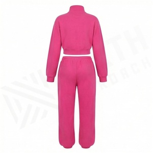 Women <b>Pink</b> 2-Piece <b>Tracksuit</b> Set Full Sleeve Zipper Front Sweatshirt and Jogger Pants Solid Color Casual Wear Spring Season - Product Image 2