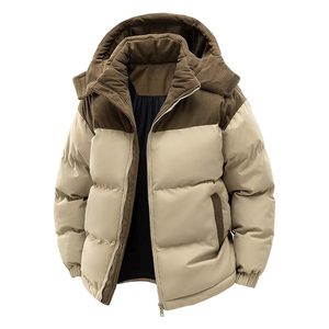 Unisex Winter Hooded Puffer <b>Jacket</b> <b>Corduroy</b> Stand Collar Zipper Closure Thick Polyester Wadding Casual Solid Color Regular Fit - Product Image 1