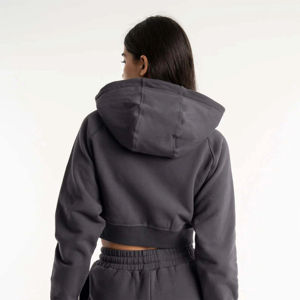 Sudadera con Capucha Corta Gris Oscuro para Mujer, Personalizada al por Mayor, de Manga Larga, Color Sólido, de Forro Polar, para Otoño - Product Image 6
