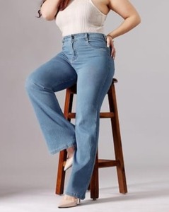 Sexy Mid-Waist Wide-Leg <b>Boot</b> Cut Knee Length Women's Jeans Stretch Denim - Product Image 4