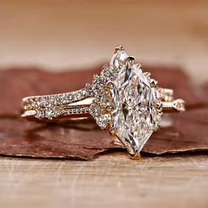 Marquise Diamond Bridal <b>Ring</b> <b>Set</b> 14K Yellow <b>Gold</b> Halo Engagement <b>Ring</b> and Matching Wedding Band - Product Image 2