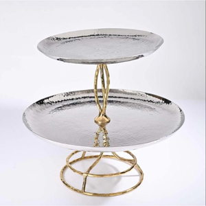 Soporte de Pastel de Metal de 2 Niveles, Diseño de Hojas Doradas y Plateadas, Decorativo para Bodas y Fiestas, Servidor de Postres, Etagere, Acabado Martillado Único, Aluminio - Product Image 2