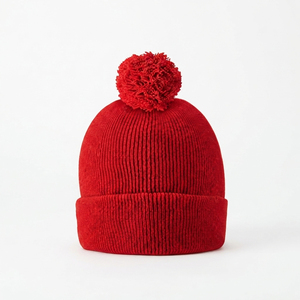 Gorro de Invierno Unisex con Pompón, Color Sólido, Tejido, Cálido, para Uso en Exteriores, Rojo y Negro, 56-58cm, Estilo Casual para Adultos - Product Image 3