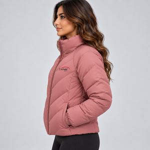 Chaqueta Acolchada para Mujer, Color Rosa, Cuello Alto, Cierre Completo, Abrigo de Invierno, Color Sólido, Logotipo Frontal, Ligera - Product Image 4