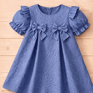 Robe pour filles bleue texturée à nœud sur le devant et manches bouffantes - Product Image 3