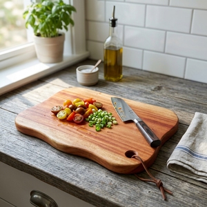 Planche à découper en bois de teck naturel à bords bruts, bloc de découpe en bois organique, plateau de service pour charcuterie avec trou de suspension en cuir - Product Image 4