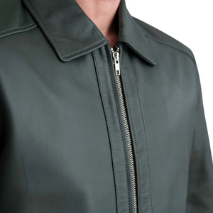 Custom <b>Mens</b> Dark Green Real Leather Jacket Classic Collar Zip Up <b>Coat</b> OEM Private Label Clothing Manufacturer Wholesale Supplier - Product Image 5