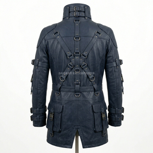 Men Navy Long Leather <b>Jacket</b> Cyberpunk Streetwear <b>Punk</b> Rock Coat Baddie Utility Multi Pocket Outwear Men Outerwear Windproof - Product Image 2