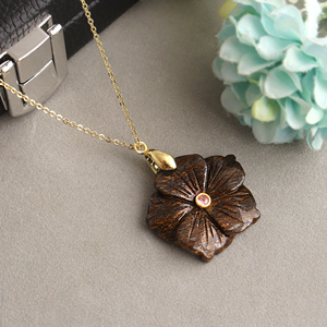 Stanning bronzite carved flower pendant necklace <b>with</b> pink cubic zirconia accent 18k gold plated brass metal <b>cable</b> chain jewelry - Product Image 6