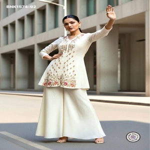 High Quality <b>Silk</b> with Embroidered Readymade Front-Slit Short <b>Kurta</b>-Plazzo Set Manufacturer from India Wholesale Supply - Product Image 1