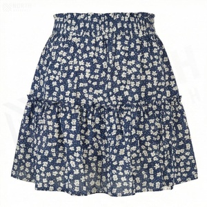 Jupe courte trapèze à imprimé floral pour femme, taille élastique avec cordon de serrage, en mousseline douce, style Prairie Chic printanier - Product Image 2