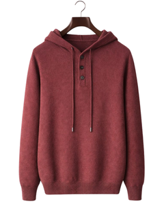 Sudadera con Capucha de Punto Rojo Ladrillo Personalizada para Hombre, con Tres Botones, Mezcla de Algodón Suave, Cálida, Informal, para Invierno, Estilo Urbano, Personalizada OEM - Product Image 1