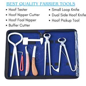 Kit d'outils de fermeur avec coupe-ongles à sabots, testeur de sabots, coupe-foins, couteau courbé, boucle pour abcessoire, râpe et outil de récupération, dans un étui - Product Image 2