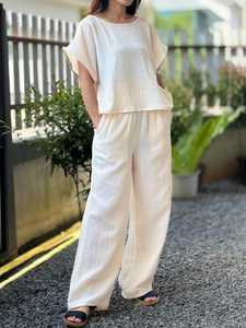 Pantalon large en gaze de coton vert clair pour femme, taille élastique, coupe décontractée, respirant, été, ODM avec poches - Product Image 4