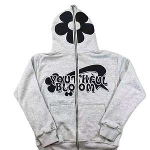 Sudadera con Capucha Gris de Felpa Gruesa con Cremallera Youthful Bloom, Unisex, de Algodón Tejido, Informal, con Estampado Frontal, Corte Ajustado, Estilo Invernal - Product Image 4