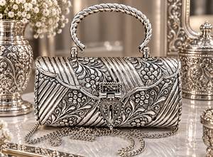 Handmade Vintage <b>Silver</b> Plated Metal Clutch <b>Bag</b>, Ornate Floral & Fluted Carved Ethnic <b>Evening</b> Handbag for Women - Product Image 3