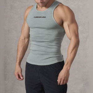 Camiseta sin mangas negra acanalada personalizada para hombre, cuello redondo, chaleco sin mangas, ropa deportiva transpirable de punto, ropa informal con estampado de logotipo frontal - Product Image 5