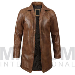Abrigo Largo de Cuero Genuino Marrón para Hombre con Cierre de Botones, Cuello Camisero, Resistente al Viento, Chaqueta Casual de Otoño - Product Image 4