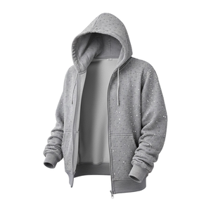 Sweat-shirt à capuche unisexe gris uni avec fermeture éclair, en molleton personnalisé, style streetwear décontracté, coupe oversize, poches avant, 100% coton - Product Image 3