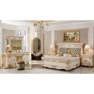 Luxury Modern Solid Teak Wood Bedroom Set King Size Bed Gold Geometric Inlay Wardrobe 2 Nightstands <b>Dressing</b> Table with Mirror - Product Image 1