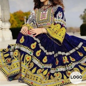Robe longue en velours brodé, ensemble de mariage et de Mehndi, style afghane, col carré, motif patchwork fait main, robe Pathani afghane d'hiver - Product Image 2