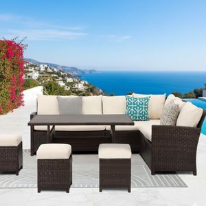 Conjunto de Comedor de Mimbre de 7 Piezas para Patio, 9 Plazas, con Cojines Color Marfil, Sofá, Otomanas y Mesa de Comedor para Terraza, Jardín o Patio Trasero - Product Image 3