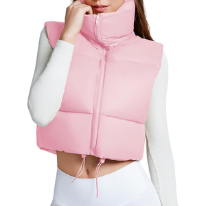 New <b>Women's</b> <b>Pink</b> Stand Collar Puffer <b>Vest</b> Zipper Closure Solid Color Casual Short Length Waterproof Windproof Embroidery Fur - Product Image 1