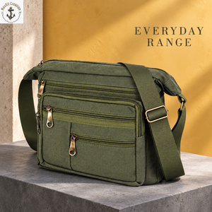 Multi Pocket Canvas Crossbody <b>Bag</b> <b>for</b> <b>Men</b> Olive Green | <b>Messenger</b> Shoulder <b>Bag</b> with Multiple Zippers Wide Adjustable Carry Strap - Product Image 4