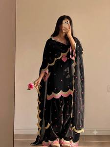 Light Blue Heart Print Cotton Indian Pakistani Floor-Length Loose Fit Kurta Palazzo <b>Shawl</b> Set Sun Protection Festive Wear - Product Image 2