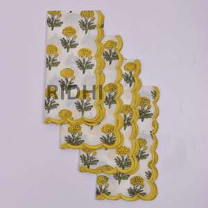 Serviettes de table en coton jaunes à motifs floraux imprimés à la main avec broderie, serviettes réutilisables faites à la main pour mariage, hôtel, approvisionnement en gros - Product Image 4