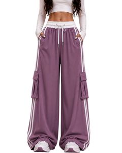 Pantalon cargo ample violet lavande pour femme, taille haute, avec cordon de serrage, poches latérales, style décontracté streetwear - Product Image 1