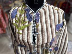 Hand Embroidered <b>Quilted</b> <b>Jacket</b> With Striped <b>Pattern</b> Blue Floral Design Stand Collar Full Sleeve Women's Autumn Wear GIFT - Product Image 2