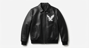 Blouson Bomber Homme en Cuir PU Noir avec Fermeture Éclair, Broderie Aigle, Logo Avant, Poches sur les Manches, Vêtement d'Extérieur Décontracté pour l'Automne - Product Image 1