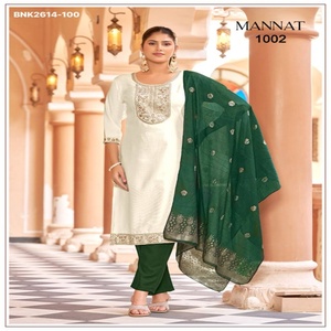 Nouvelle collection de kurtis droits en soie Gadhwal avec broderies, pantalon en rayonne et dupatta jacquard - Vente en gros - Product Image 1