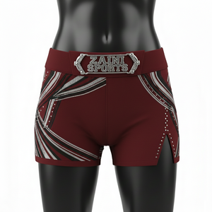 Shorts pour femmes en tissu polyester et élasthanne premium, design à empiècements extensibles, logo personnalisé en strass. - Product Image 1