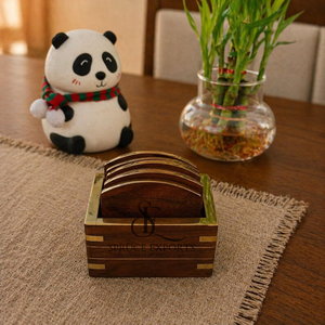 Handmade Wooden Coaster <b>Set</b> With Brass Trim Box. <b>Square</b> Shape Arch Design Premium Wholesale Tableware For Luxury Dining - Product Image 1