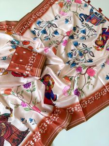 Soft <b>Silk</b> <b>Fabric</b> With Arrow Weaving Border And Beautiful Kalamkari Digital Print And Contrast Running Blouse - Product Image 5