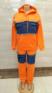 Women Denim Patchwork Tracksuit Set Hooded Long Sleeve Color Block Sweatshirt <b>Pants</b> Casual Plus Size Autumn Wear - Product Image 6
