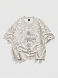 Vintage Washed Beige Rhinestone <b>Cross</b> Men's shirts Oversized Acid Wash T-shirt Christian Streetwear Luxury Graphic <b>Tops</b> Supplier - Product Image 5